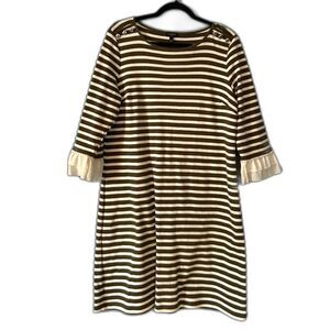 Talbots olive green & white strip cotton dress 3/4 bell cuff sleeves size LP